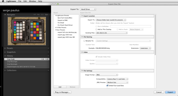 Il vous faudra photographier cette mire couleur au format RAW, la convertir en DNG avec Adobe Lightroom (menu File> Export)