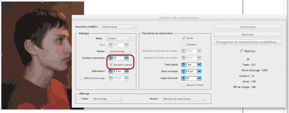 Vectoriser une photo et l'ouvrir en Illustrator (à partir de la version CS3) avec les réglages suivants :