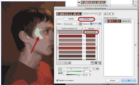 Le mode Attribuer permet des modifications d'une seule couleur